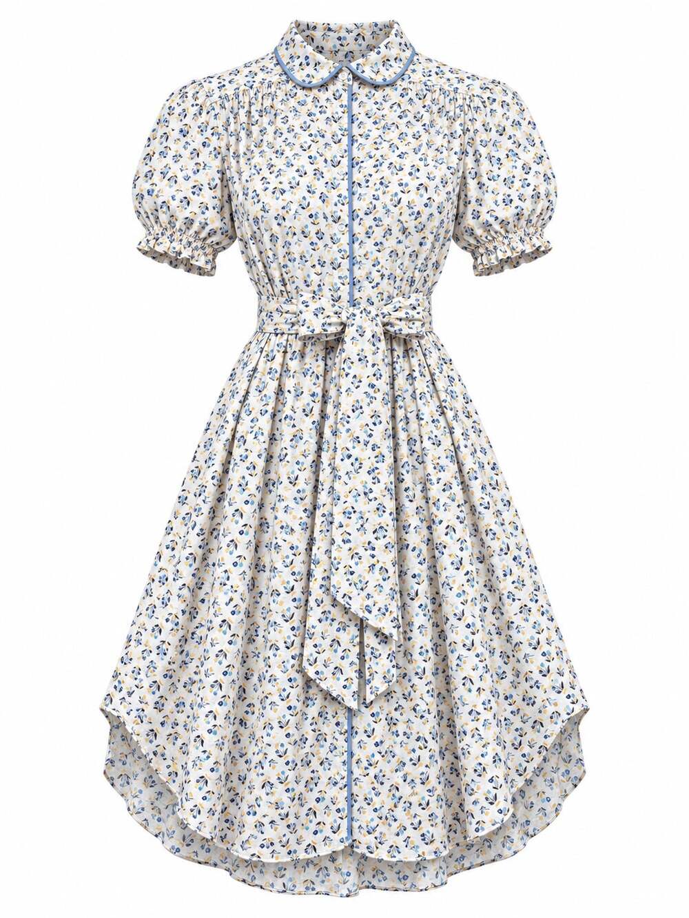 The Great Floral Cotton Puff Sleeve Midi Dress Blue Piping Belted Size 0 XS